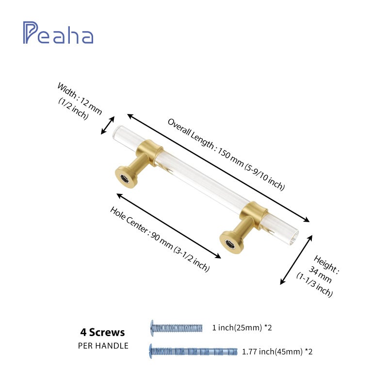 Peaha 10 Pack 3-1/2 Inch Acrylic Cabinet Pulls Gold Drawer Handles Brushed Brass Hardware Zinc Alloy for Dresser Cupboard Kitchen - Image 2